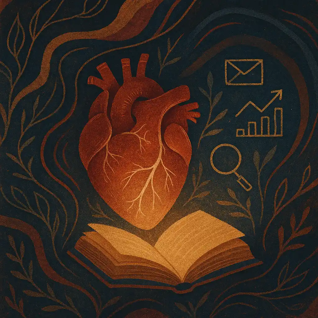 Visual representation of why storytelling in marketing works: the soul, science and strategy behind stories that stick. The image contains the heart, book and icons representing growth through marketing.