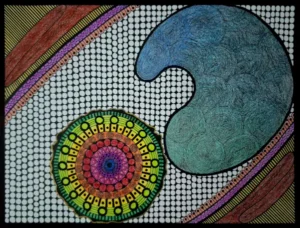 Drawing artist in Kerala. An abstract artwork with multiple colours, lines, shapes and patterns highlighted using black colour. Giving prominence for mandala like design