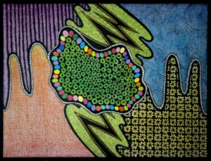 Drawing artist in Kerala. An abstract artwork with multiple colours, lines, shapes and patterns highlighted using black colour.