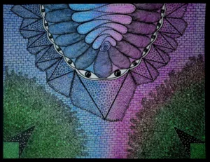 Drawing artist in Kerala. An abstract artwork with multiple colours, lines, shapes and patterns highlighted using black colour. Giving prominence for eyes