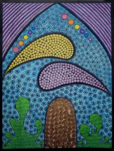 Drawing artist in Kerala. An abstract artwork with multiple colours, lines, shapes and patterns highlighted using black colour.