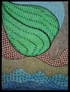 Drawing artist in Kerala. An abstract artwork with multiple colours, lines, shapes and patterns highlighted using black colour. Giving prominence for leaf like shape